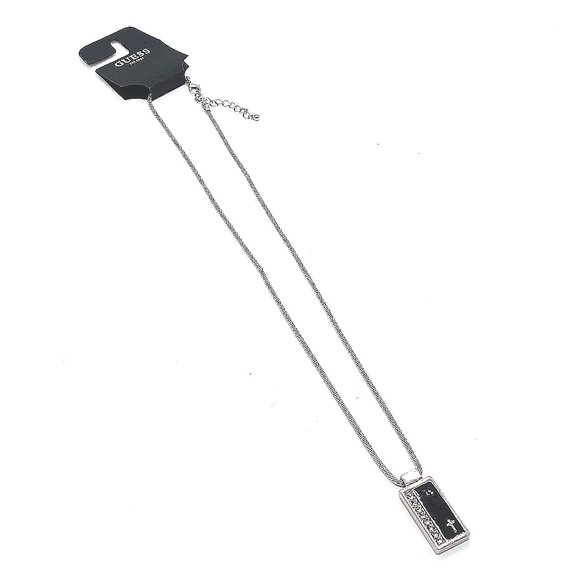 GUESS 24" Cross Dog Tag Bling Cubic Zirconia Crystal Necklace in Black & Silver - Picture 2 of 4